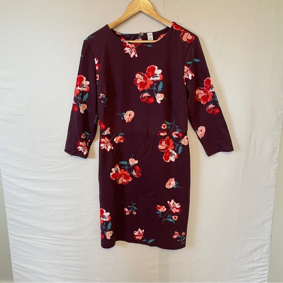 Old Navy Knee Length Dress 3/4 Sleeves Burgundy with Floral Print Size Large - Picture 1 of 4